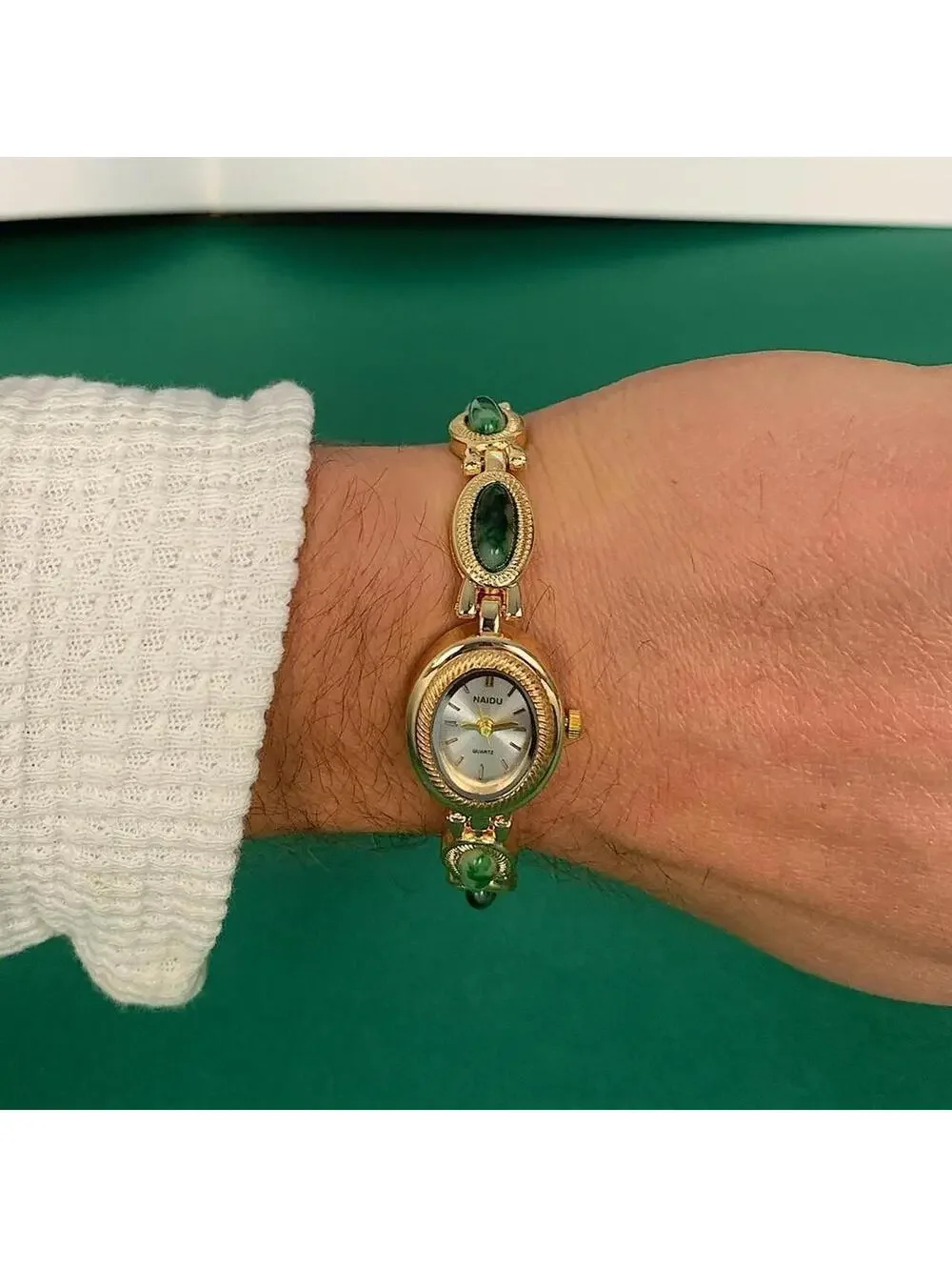 Y2k style Dainty cute Gold style tone quartz watch with green jade stone opal ac